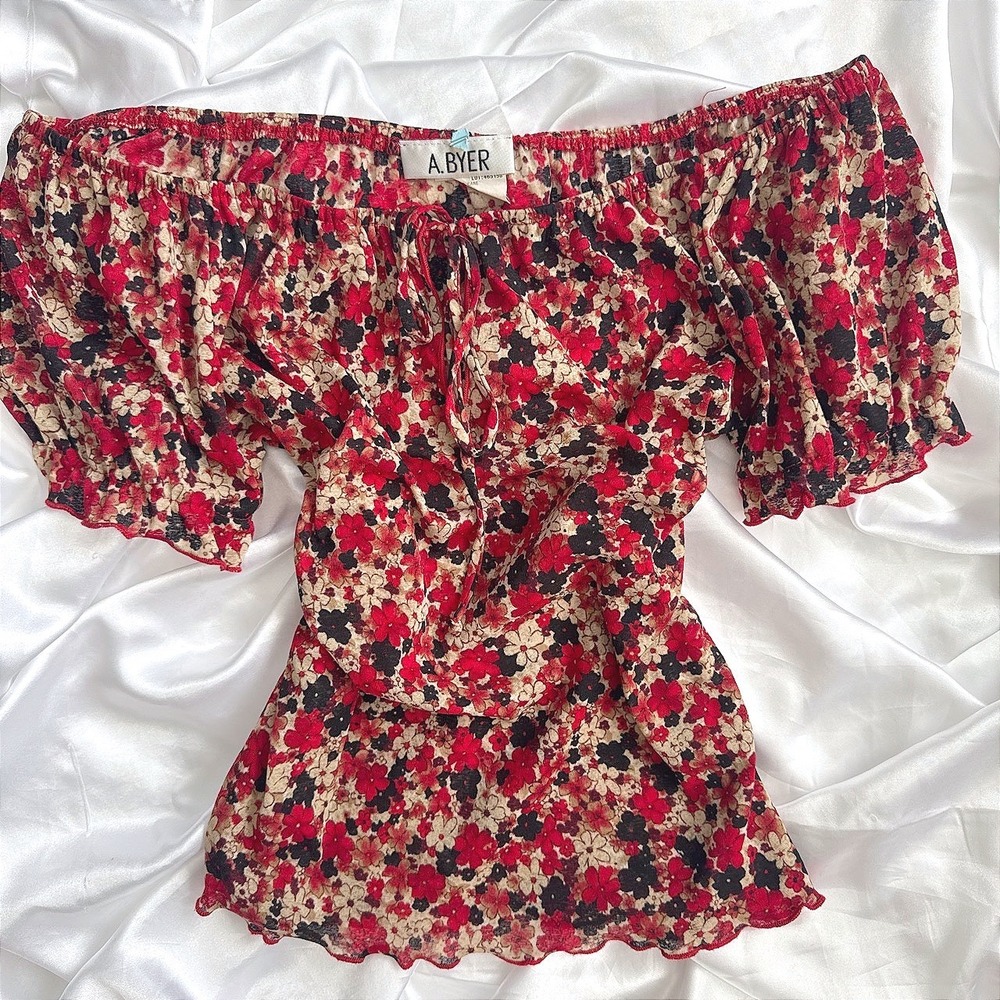 A. Byer Floral Off The Shoulder Blouse Red Black Y2K Lettuce Hem Top Size M